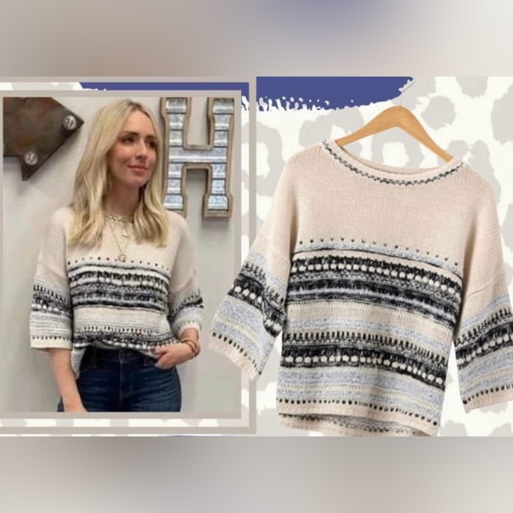 Matilda Jane Good Hart Azle Sweater 3/4 Sleeve Cream With Navy/Powder Blue Sz S - Picture 8 of 9